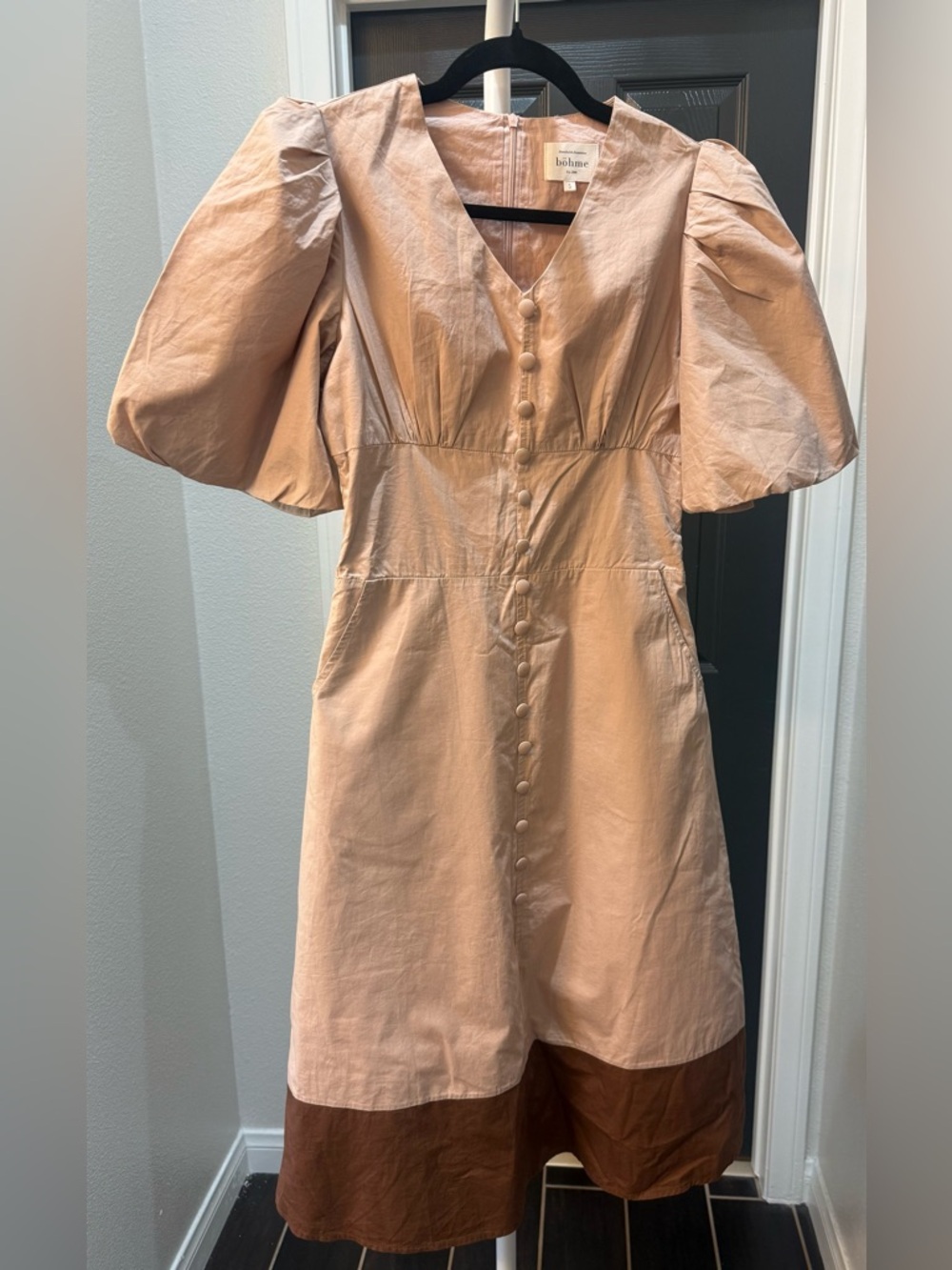 bohme Blush and Brown Puff-Sleeve Midi Dress